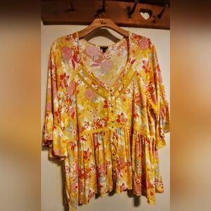 Torrid Floral Print Babydoll Top 3/4 Flutter Sleeves 22
